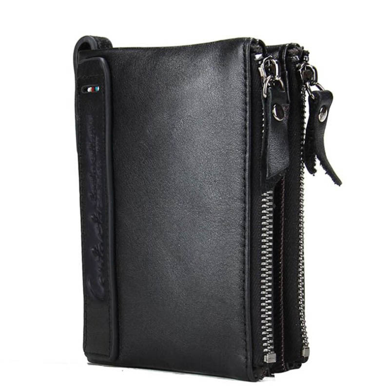 Black Angel Leather Men's Wallet Short Fashion Coin Purse Crazy Horse Cowhide Double Zipper Wallet