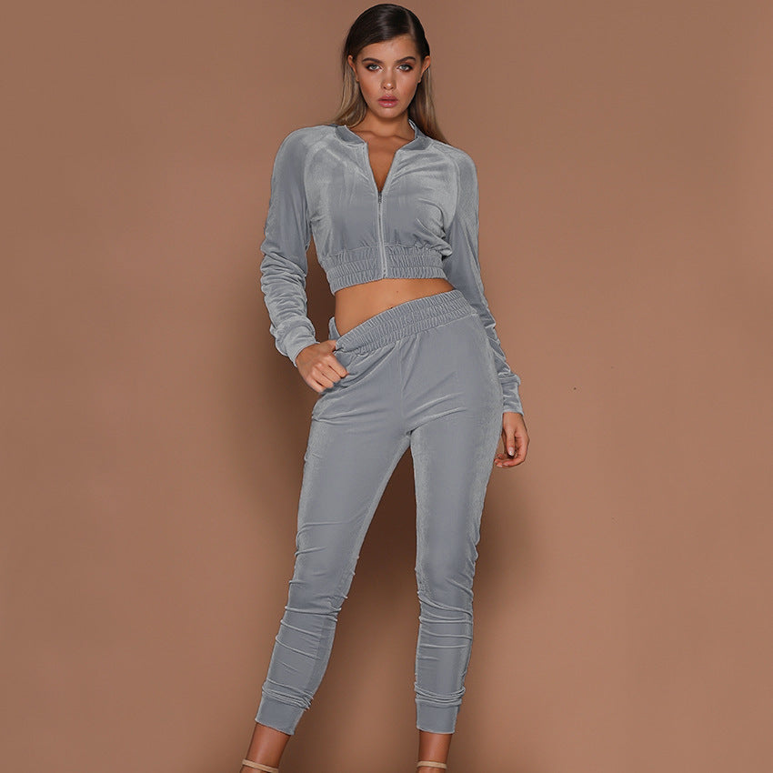 Velvet Suit Solid Color Zipper Sweater And Foot Sports Trousers Two-piece Women