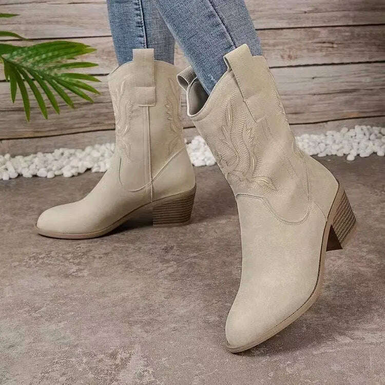 Fashion Chunky-heeled Pointed Toe Boots Winter Ethnic Style Embroidered Mid-Tube Western Shoes Women Emko Lux