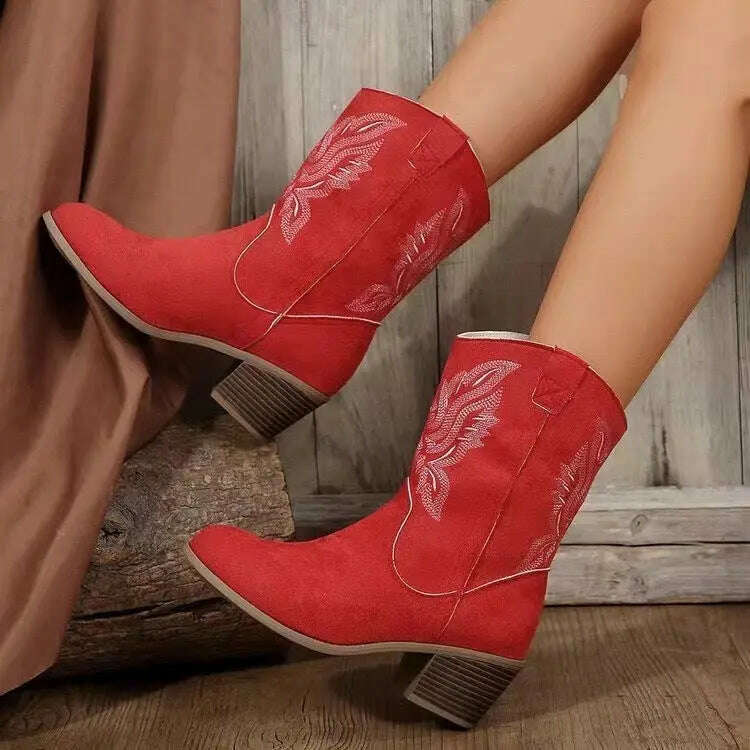 Fashion Chunky-heeled Pointed Toe Boots Winter Ethnic Style Embroidered Mid-Tube Western Shoes Women Emko Lux