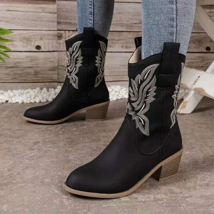 Fashion Chunky-heeled Pointed Toe Boots Winter Ethnic Style Embroidered Mid-Tube Western Shoes Women Emko Lux