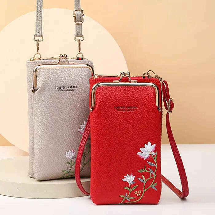 Flower Embroidery Phone Bag With Lock Buckle Outdoor Long Wallet Fashion Shoulder And Crossbody Bags Emko Lux