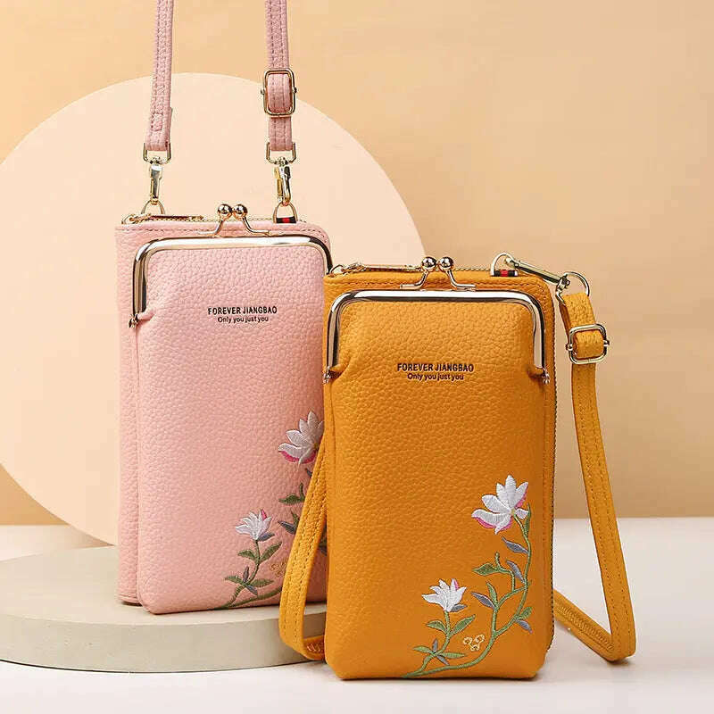 Flower Embroidery Phone Bag With Lock Buckle Outdoor Long Wallet Fashion Shoulder And Crossbody Bags Emko Lux