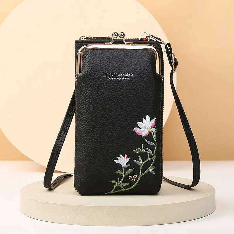 Flower Embroidery Phone Bag With Lock Buckle Outdoor Long Wallet Fashion Shoulder And Crossbody Bags Emko Lux