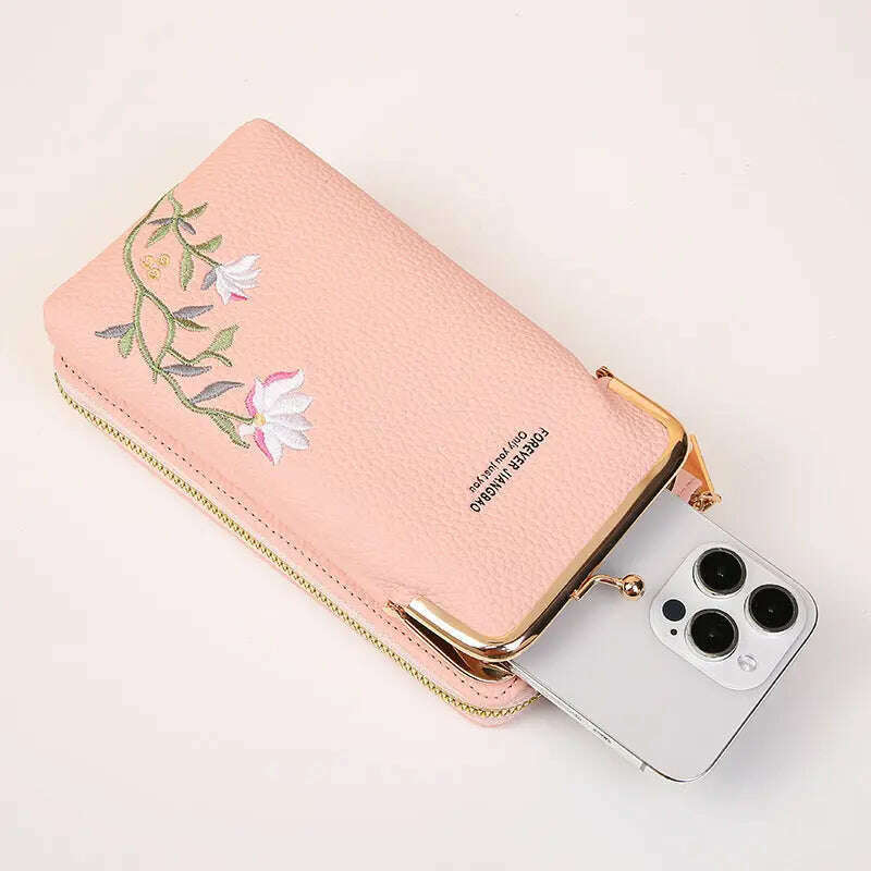 Flower Embroidery Phone Bag With Lock Buckle Outdoor Long Wallet Fashion Shoulder And Crossbody Bags Emko Lux