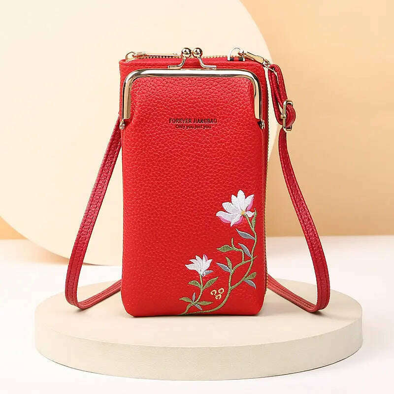 Flower Embroidery Phone Bag With Lock Buckle Outdoor Long Wallet Fashion Shoulder And Crossbody Bags Emko Lux