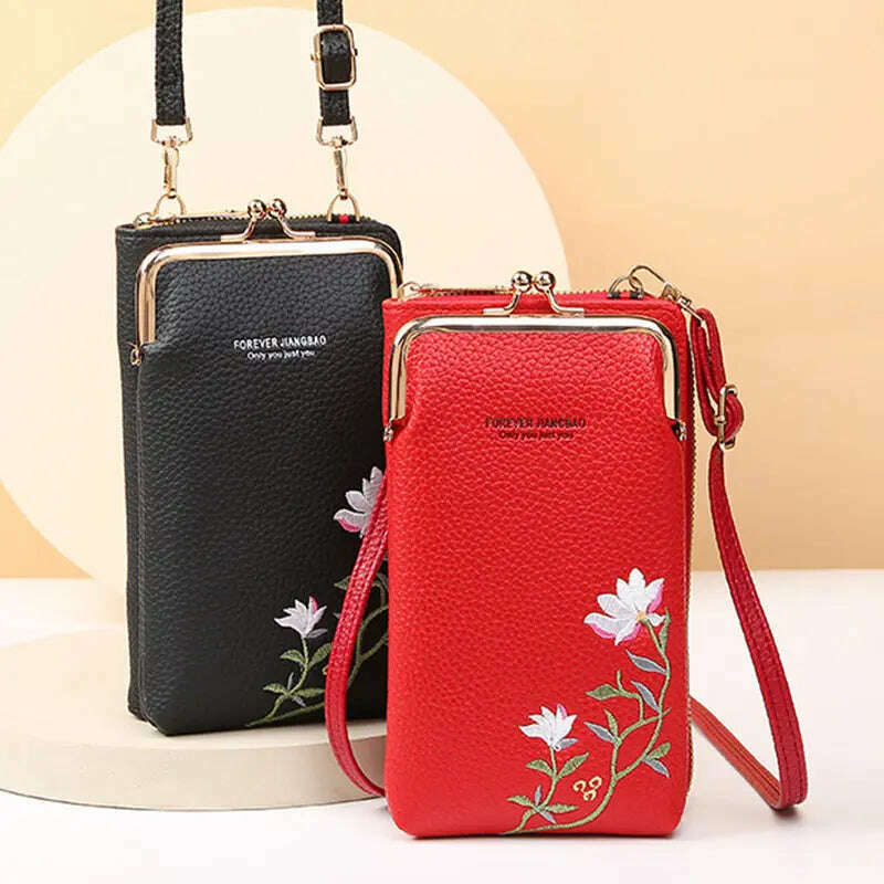 Flower Embroidery Phone Bag With Lock Buckle Outdoor Long Wallet Fashion Shoulder And Crossbody Bags Emko Lux