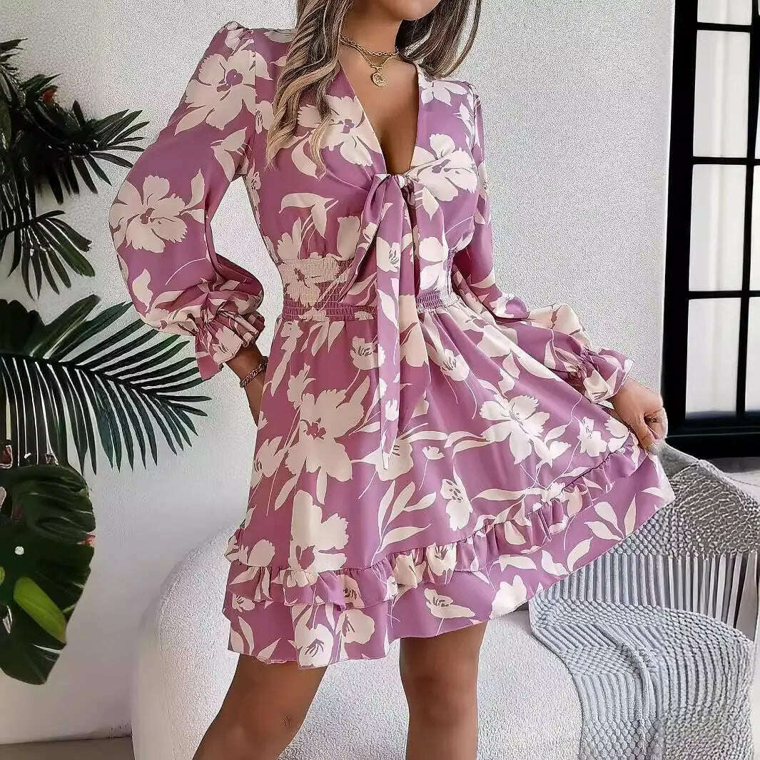 New Floral Printed V-Neck Long Sleeve Dress Fashion Ruffles Bowknot A-Line Short Dress Women's Clothing Emko Lux