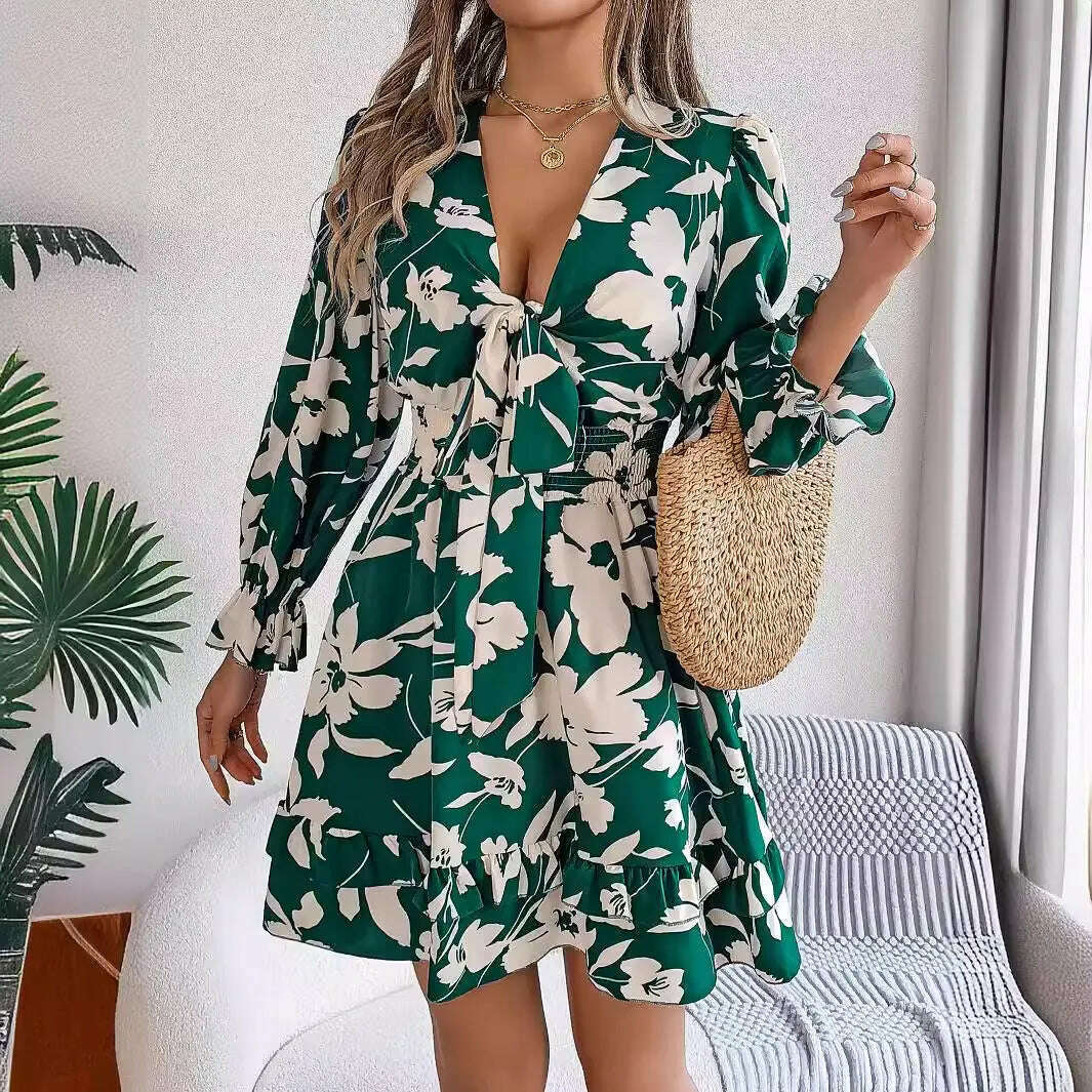 New Floral Printed V-Neck Long Sleeve Dress Fashion Ruffles Bowknot A-Line Short Dress Women's Clothing Emko Lux