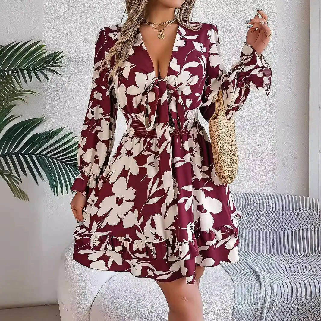 New Floral Printed V-Neck Long Sleeve Dress Fashion Ruffles Bowknot A-Line Short Dress Women's Clothing Emko Lux