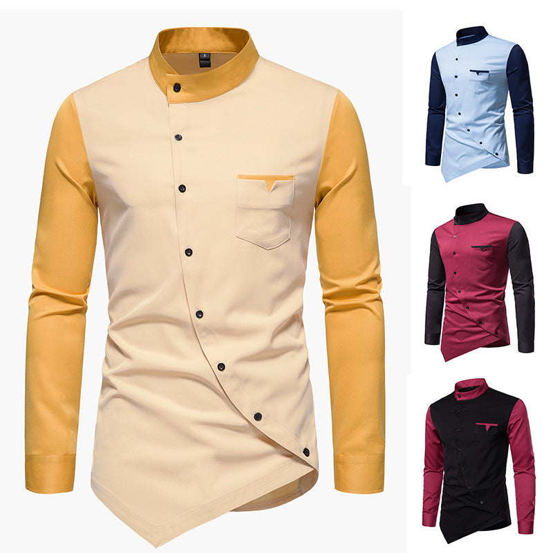 Oblique Button Irregular Contrast Color Henry Collar Long Sleeve Shirt Emko Lux