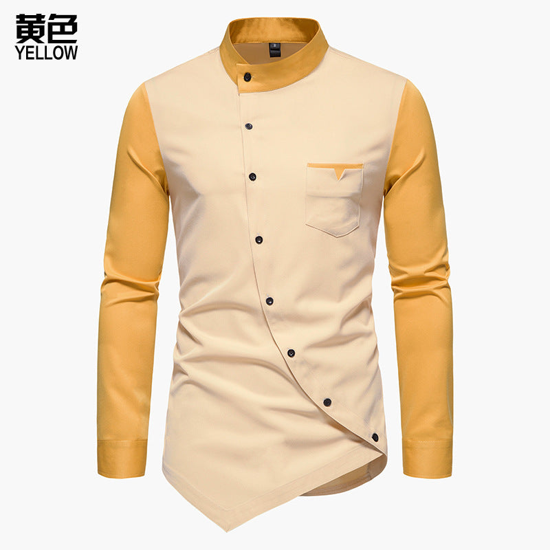 Oblique Button Irregular Contrast Color Henry Collar Long Sleeve Shirt Emko Lux