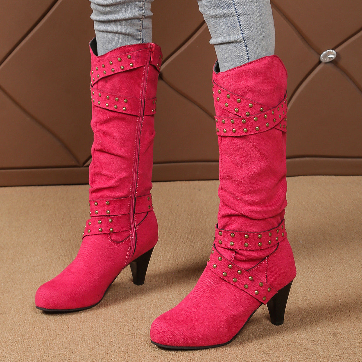 Fashion High Heel Boots With Cross-strap Rivet Design Retro V-cut Western Cowboy Boot Casual Zipper Shoes For Women