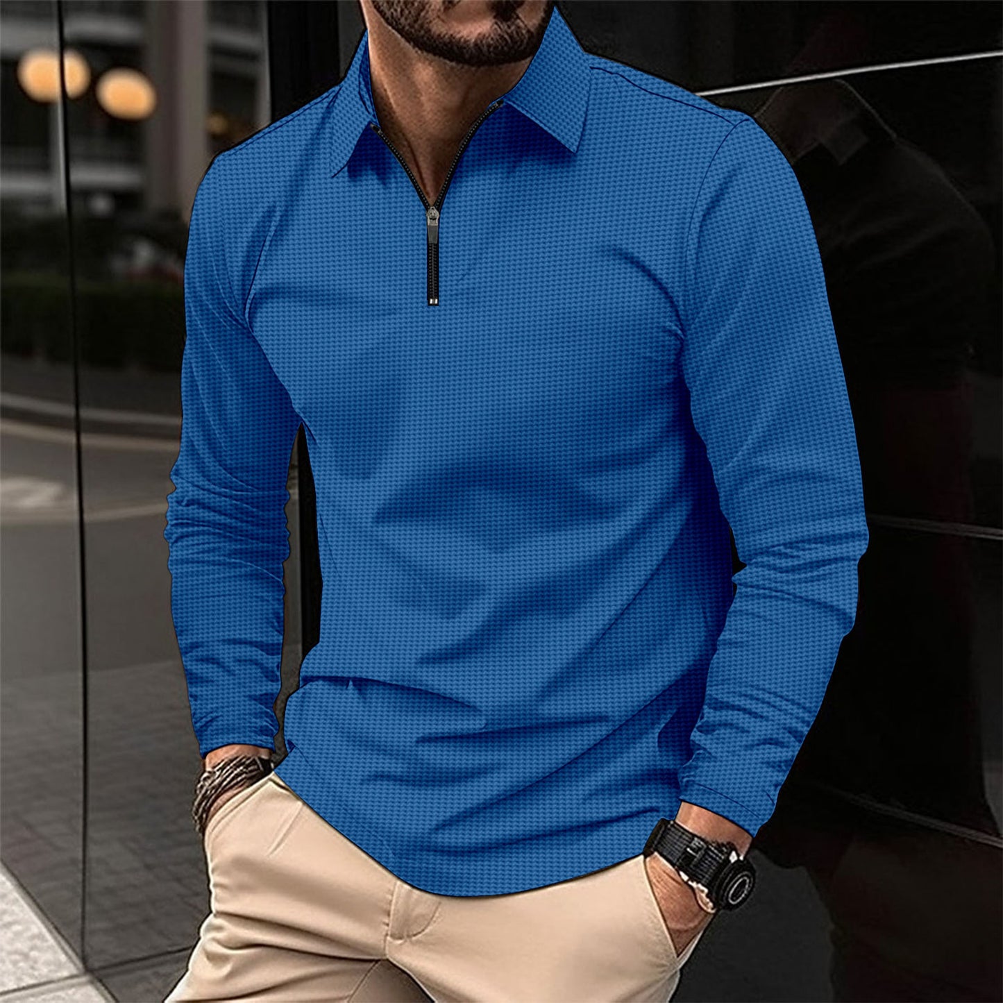 Men's Lapel Fashion Solid Color Waffle Long Sleeve T-shirt