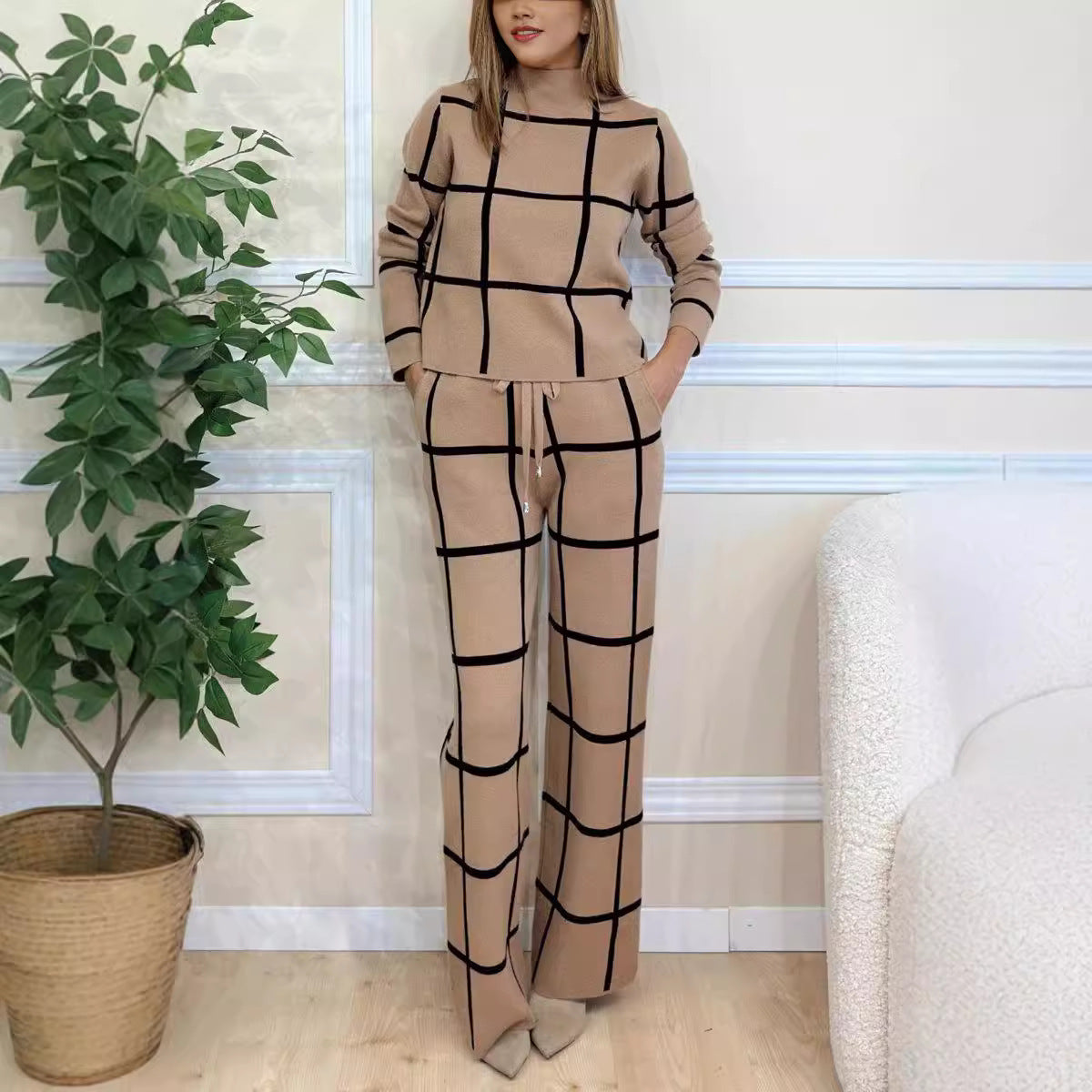 Women's Turtleneck Long Sleeve Printed Checks Trousers Suit