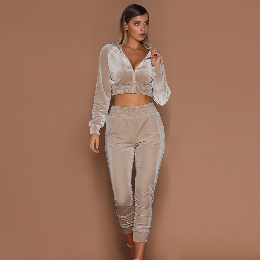 Velvet Suit Solid Color Zipper Sweater And Foot Sports Trousers Two-piece Women