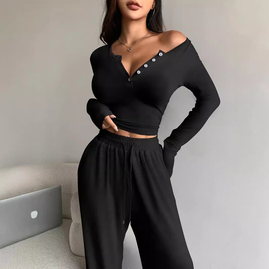 Women's Long-sleeved Button-up Solid Color Top And Trousers Two-piece Suit