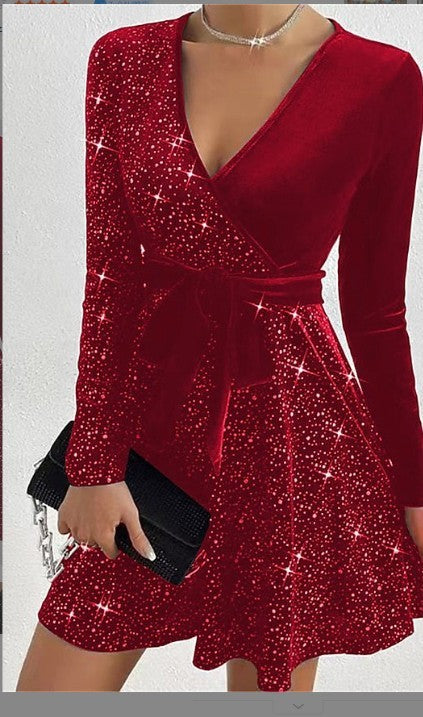 Solid Color Sequined Velvet Dress