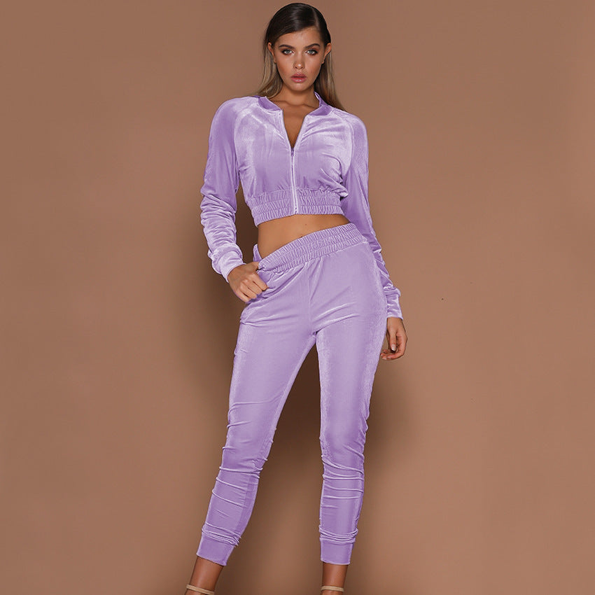 Velvet Suit Solid Color Zipper Sweater And Foot Sports Trousers Two-piece Women