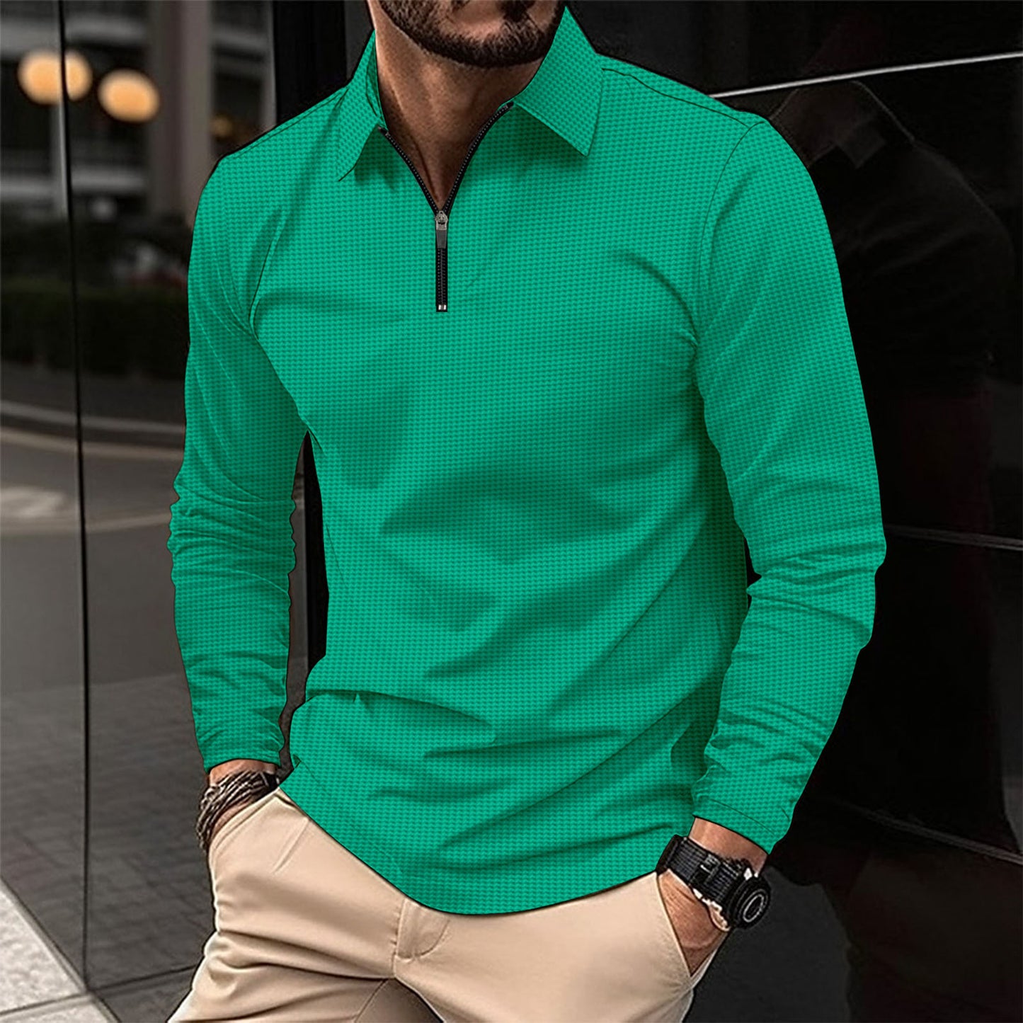 Men's Lapel Fashion Solid Color Waffle Long Sleeve T-shirt