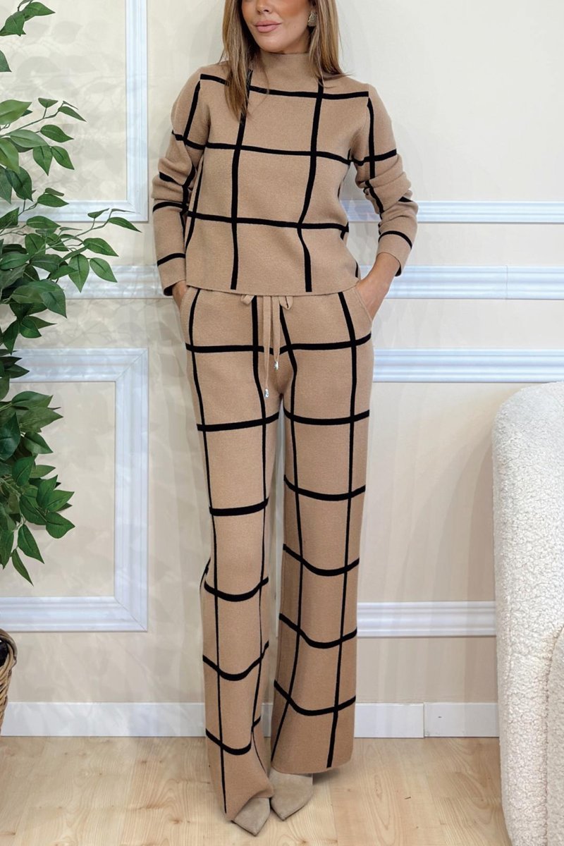 Women's Turtleneck Long Sleeve Printed Checks Trousers Suit